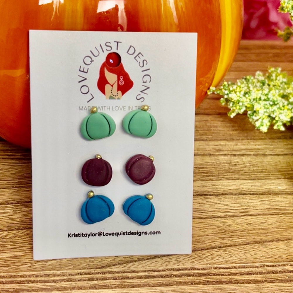 Artisan Crafted Autumn Pumpkin Earring Stud Trio